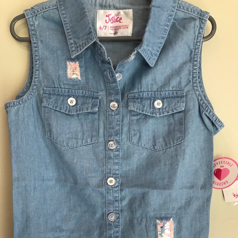 NWT kids sequin flip distressed button up top
